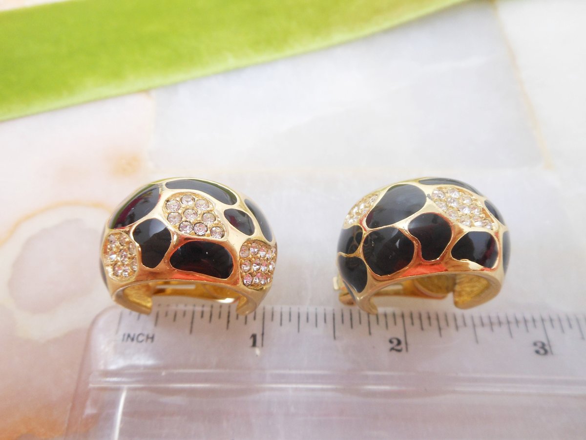 Vintage CHRISTIAN DIOR Designer Earrings Clip On Black Enamel Cheetah Crystal Rhinestone Chunky Hoop Mid Century Jewelry, VivianJoel.com
