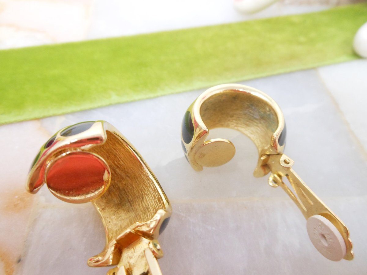 Vintage CHRISTIAN DIOR Designer Earrings Clip On Black Enamel Cheetah Crystal Rhinestone Chunky Hoop Mid Century Jewelry, VivianJoel.com