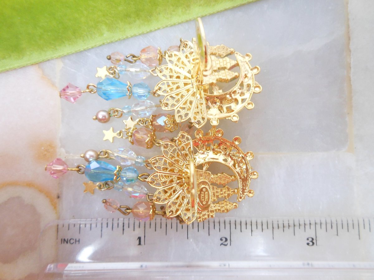 Vintage KIRKS FOLLY Earrings Designer Undersea Castle Crystal Dangle Drop Enamel Runway Jewelry Gift, VivianJoel.com