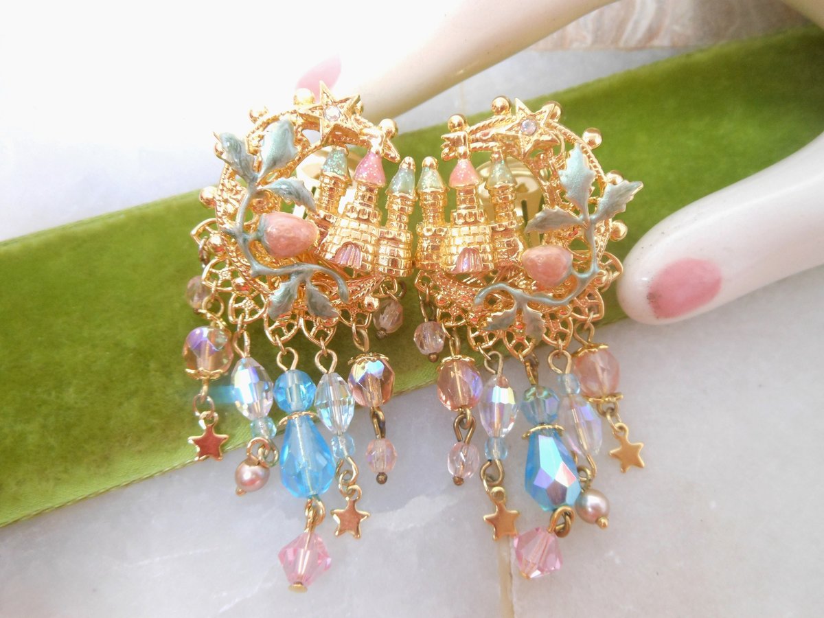 Vintage KIRKS FOLLY Earrings Designer Undersea Castle Crystal Dangle Drop Enamel Runway Jewelry Gift, VivianJoel.com