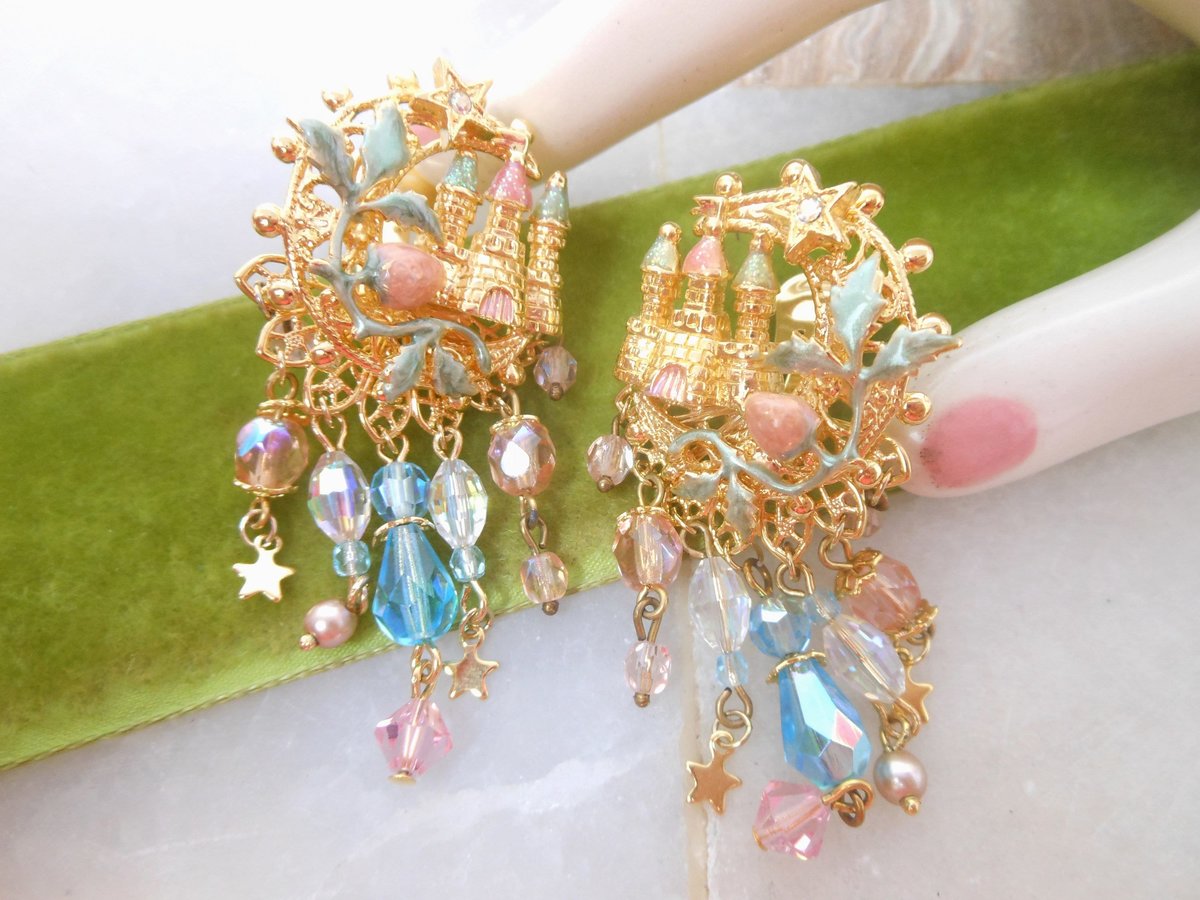 Vintage KIRKS FOLLY Earrings Designer Undersea Castle Crystal Dangle Drop Enamel Runway Jewelry Gift, VivianJoel.com