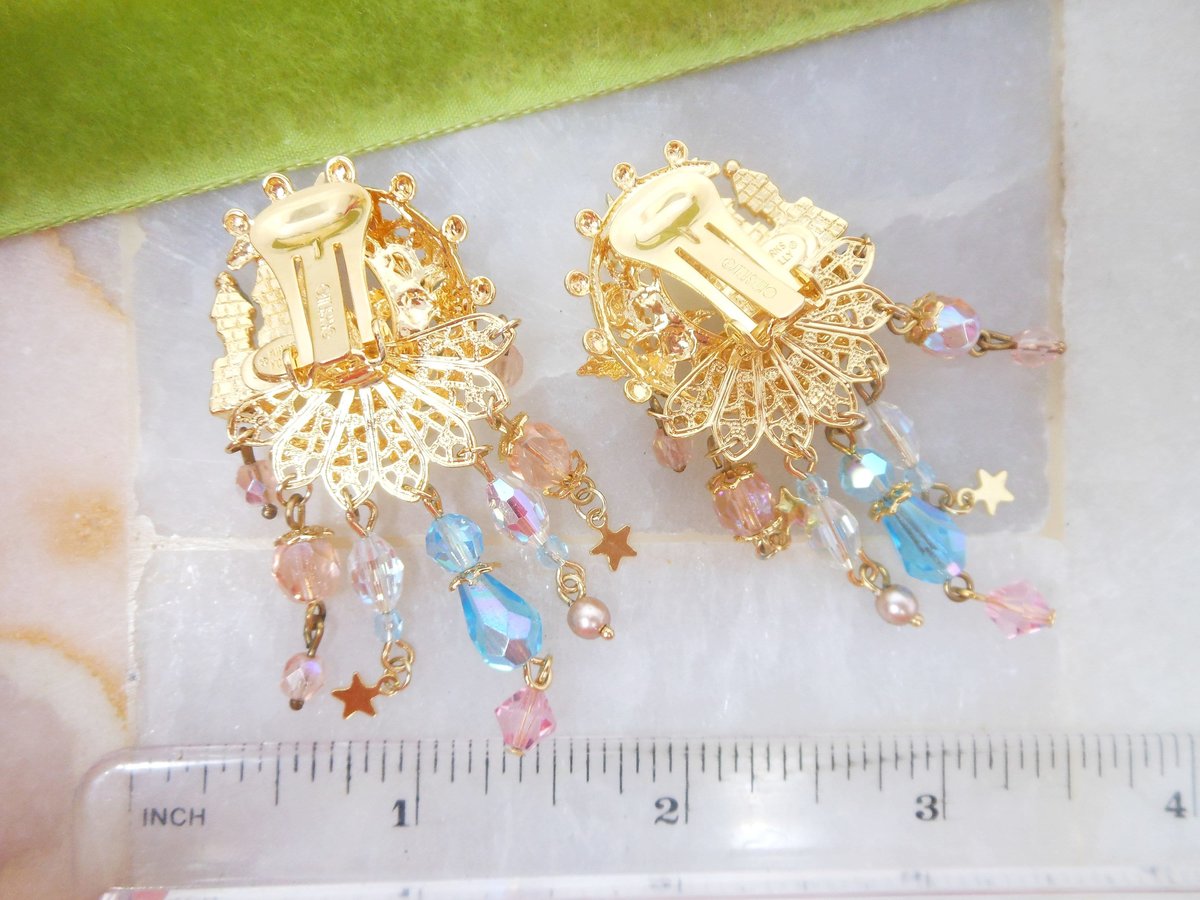 Vintage KIRKS FOLLY Earrings Designer Undersea Castle Crystal Dangle Drop Enamel Runway Jewelry Gift, VivianJoel.com