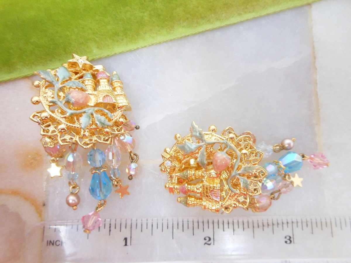 Vintage KIRKS FOLLY Earrings Designer Undersea Castle Crystal Dangle Drop Enamel Runway Jewelry Gift, VivianJoel.com