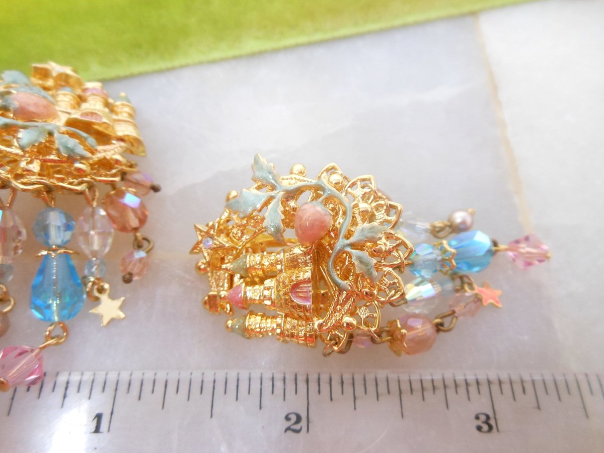 Vintage KIRKS FOLLY Earrings Designer Undersea Castle Crystal Dangle Drop Enamel Runway Jewelry Gift, VivianJoel.com