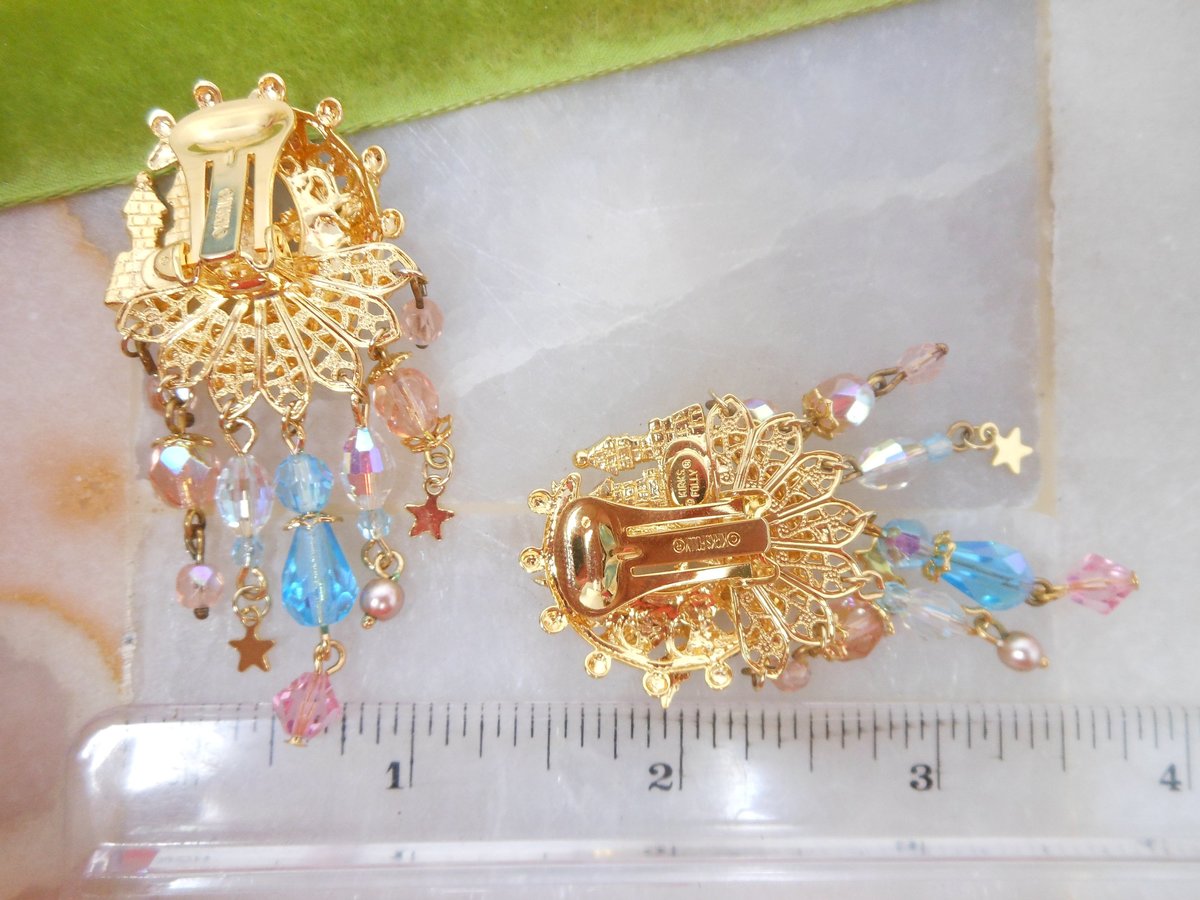 Vintage KIRKS FOLLY Earrings Designer Undersea Castle Crystal Dangle Drop Enamel Runway Jewelry Gift, VivianJoel.com