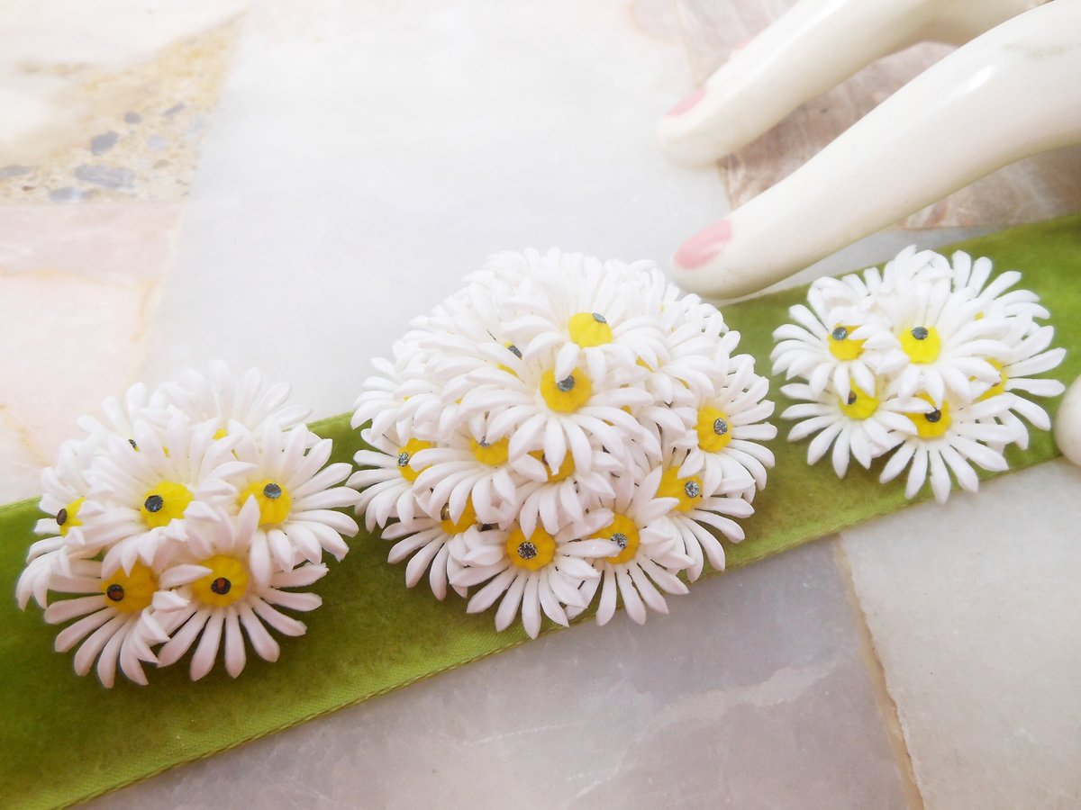 Vintage WEST GERMANY Flower Set Brooch Earrings Plastic Daisy Bead Cluster Pin Designer Mid Century Jewelry Gift, VivianJoel.com
