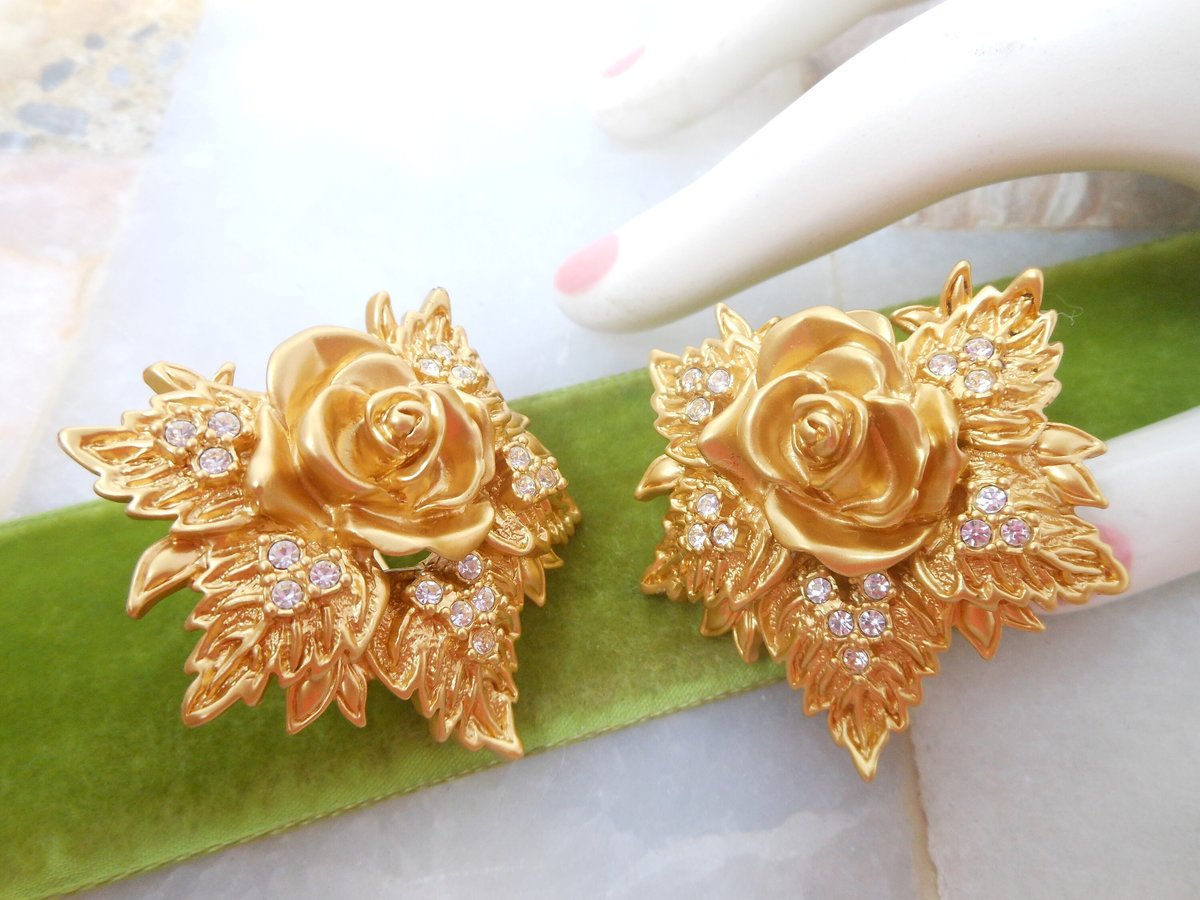 Vintage ELIZABETH TAYLOR Earrings Designer Passion Flower Rose Clear Crystal Clip On Rhinestone Statement Runway Jewelry, VivianJoel.com