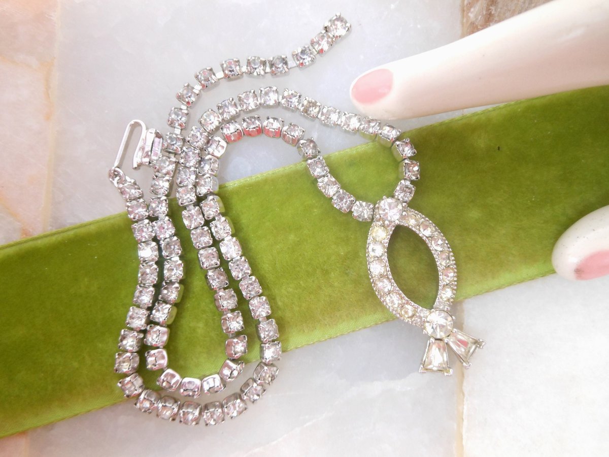 Vintage SARAH COVENTRY Designer Glam Rhinestone Pendant Necklace Clear Crystal Jewelry Gift Mid Century,  VivianJoel.com