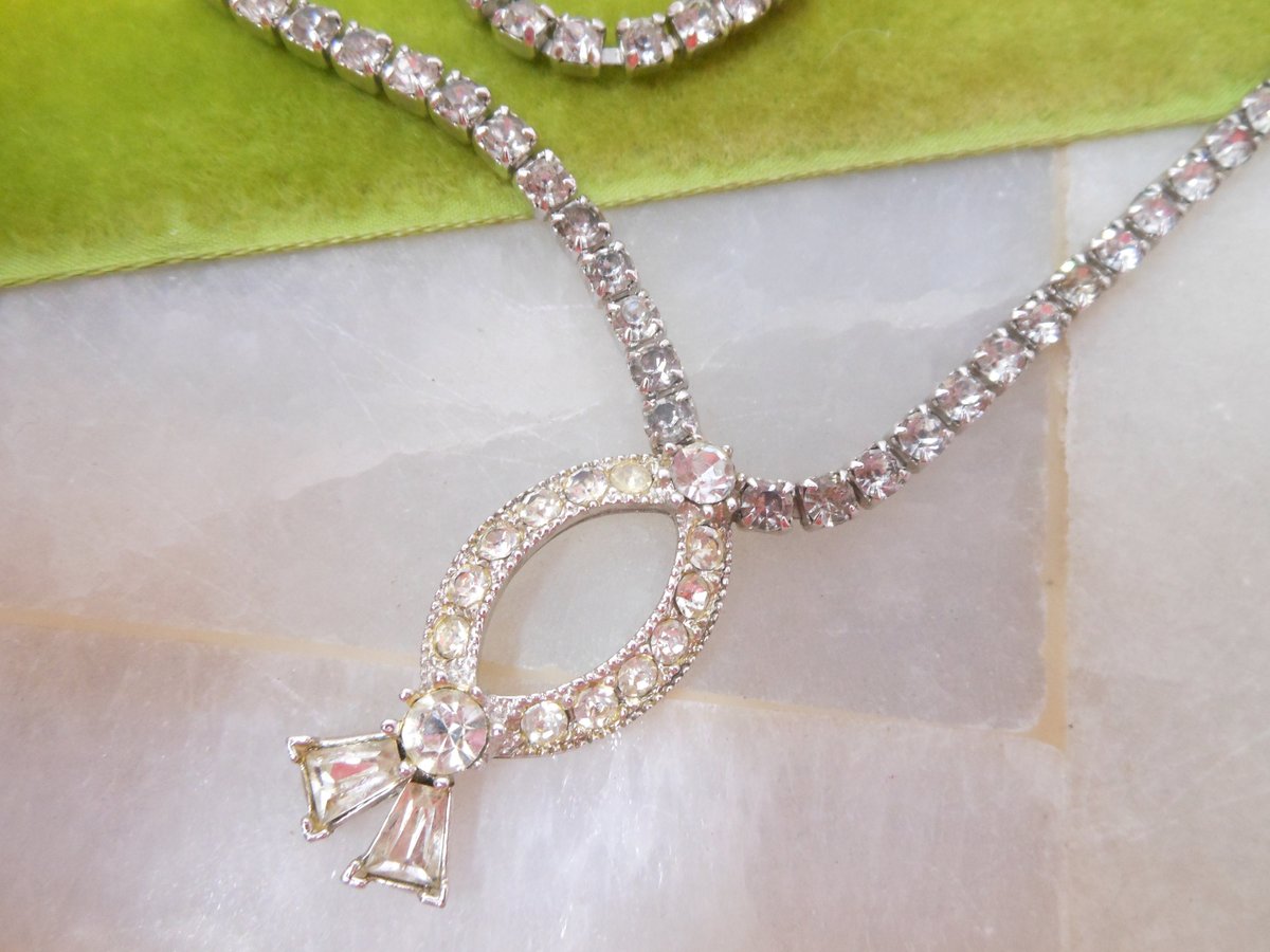 Vintage SARAH COVENTRY Designer Glam Rhinestone Pendant Necklace Clear Crystal Jewelry Gift Mid Century,  VivianJoel.com