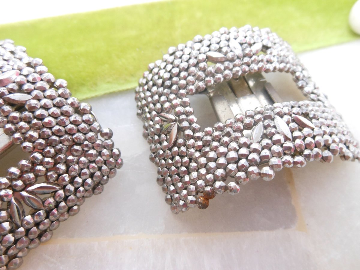 Vintage FBN CO Marcasite Steel Cut Shoe Buckle Clip Set Pair EVERGRIP Bracelet RePurpose Jewelry Upcycle Supply, VivianJoel.com