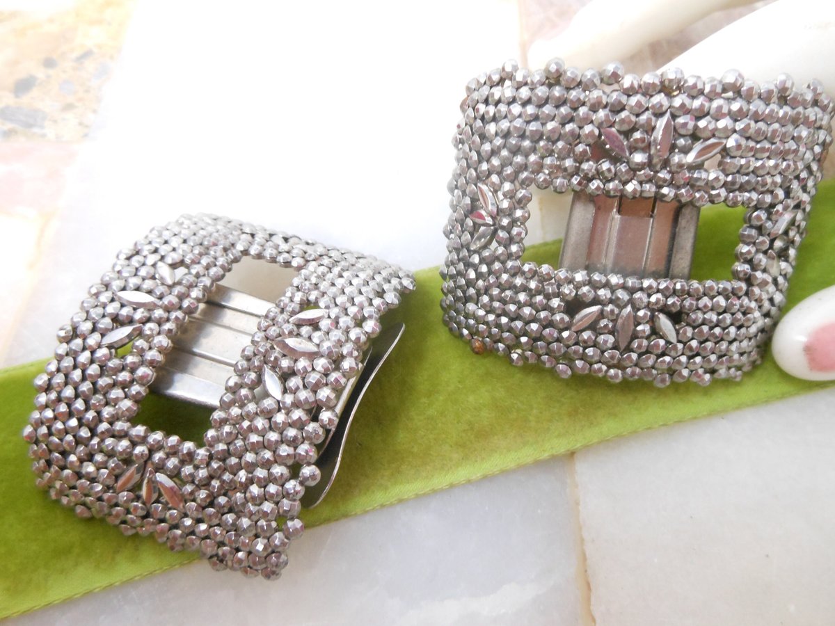 Vintage FBN CO Marcasite Steel Cut Shoe Buckle Clip Set Pair EVERGRIP Bracelet RePurpose Jewelry Upcycle Supply, VivianJoel.com