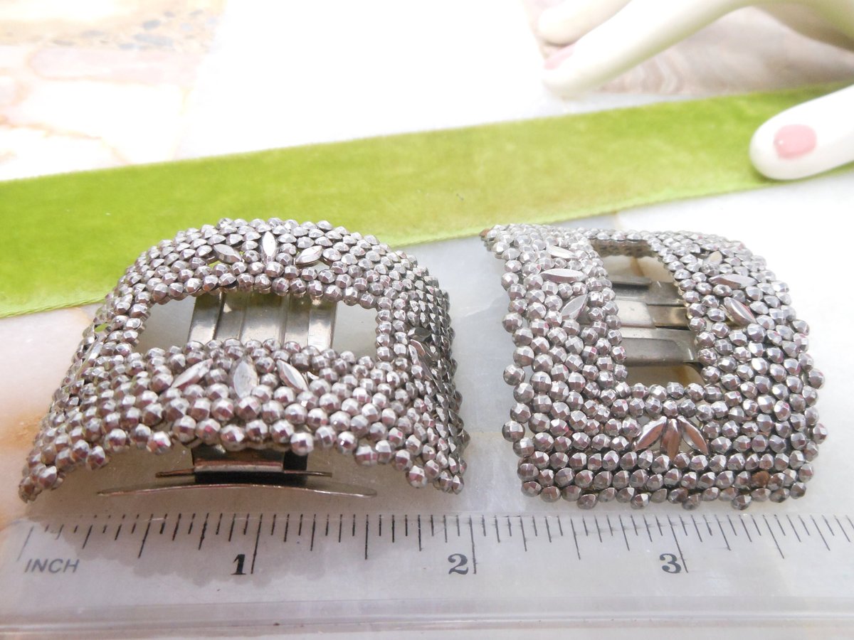 Vintage FBN CO Marcasite Steel Cut Shoe Buckle Clip Set Pair EVERGRIP Bracelet RePurpose Jewelry Upcycle Supply, VivianJoel.com