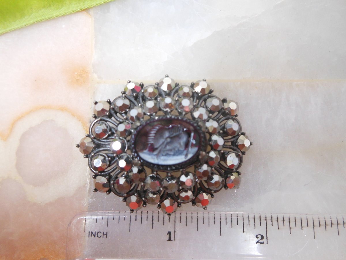 Vintage Black Cameo Brooch Warrior Pendant Carved Glass Pin Goth Mourning Victorian Regency Revival Mid Century Jewelry,  VivianJoel.com