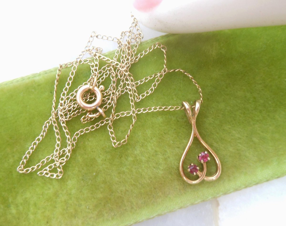 Vintage Ruby Red  Gold Fill Pendant Necklace Petite Minimalist GF Crystal July Birthday Designer Mid Century Jewelry Gift, VivianJoel.com