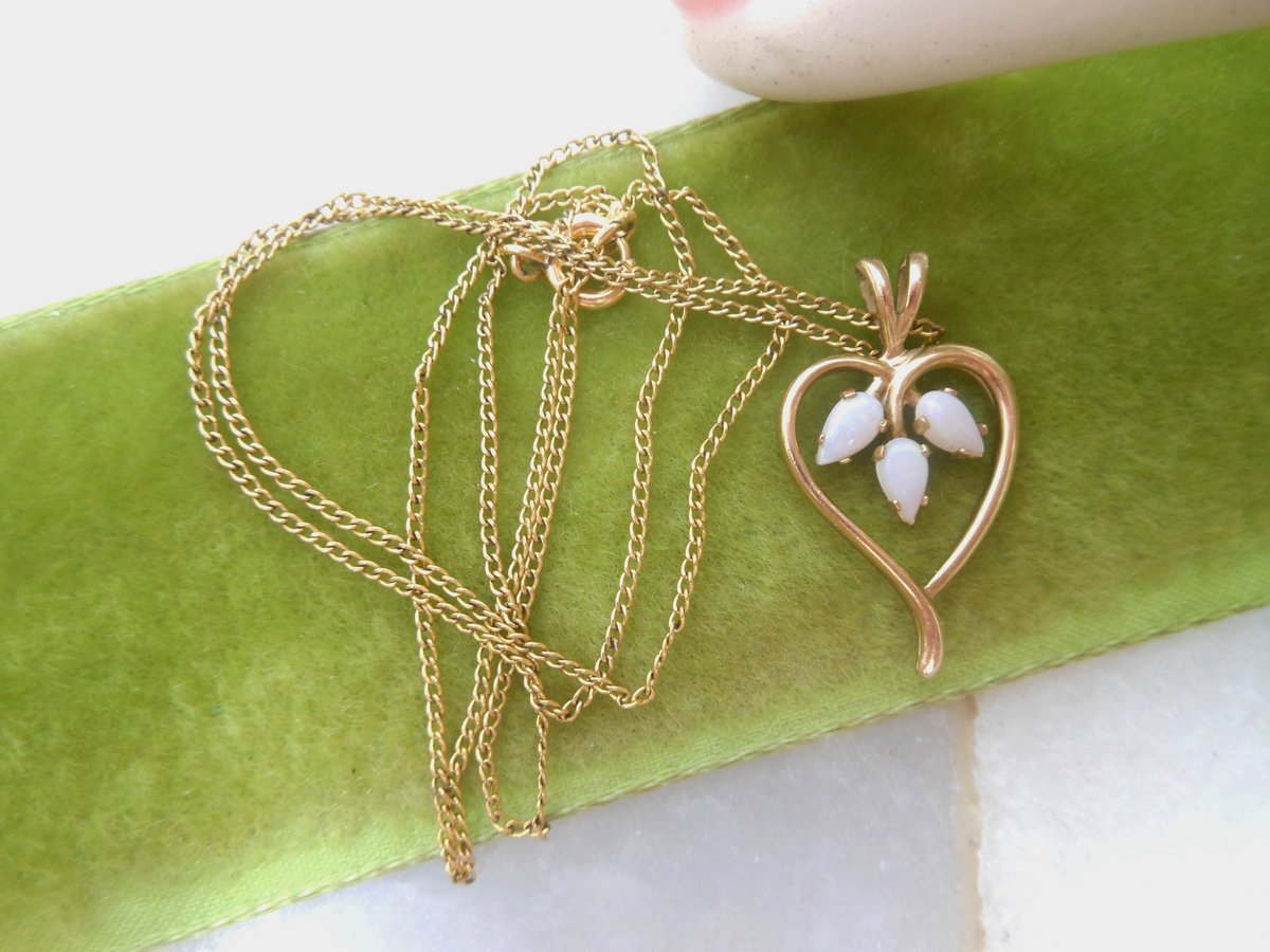 Vintage Opal Gold Fill Heart Pendant Necklace Petite Minimalist GF October Birthday Designer Mid Century Jewelry Gift, VivianJoel.com