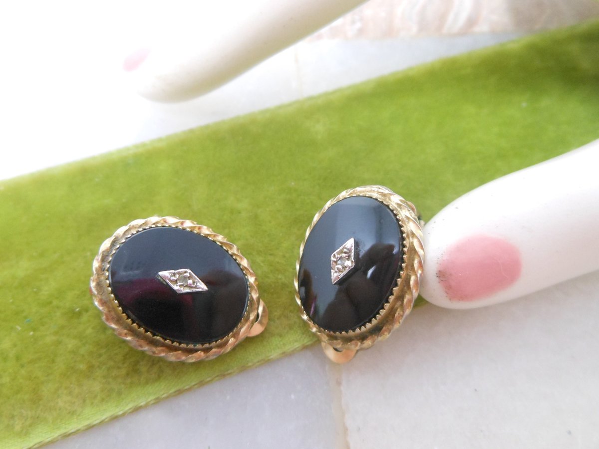 Vintage CHARLES ROTHMAN Gold Fill Earrings Clip On Mourning Black Glass GF Victorian Revival Designer Mid Century Jewelry, VivianJoel.com