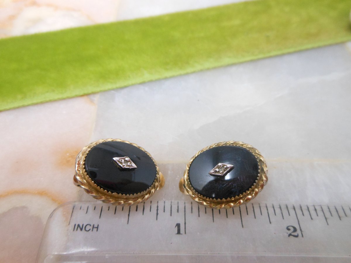 Vintage CHARLES ROTHMAN Gold Fill Earrings Clip On Mourning Black Glass GF Victorian Revival Designer Mid Century Jewelry, VivianJoel.com