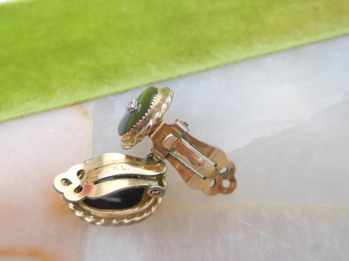 Vintage CHARLES ROTHMAN Gold Fill Earrings Clip On Mourning Black Glass GF Victorian Revival Designer Mid Century Jewelry, VivianJoel.com