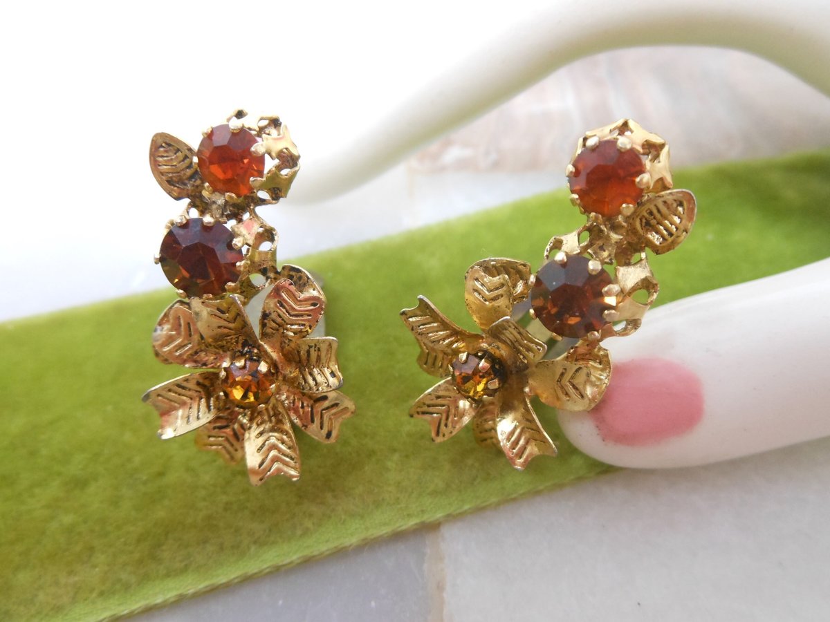 Vintage AUSTRIA Rhinestone Flower Earrings Clip On Topaz Citrine Crystal Mid Century Jewelry Gift, VivianJoel.com