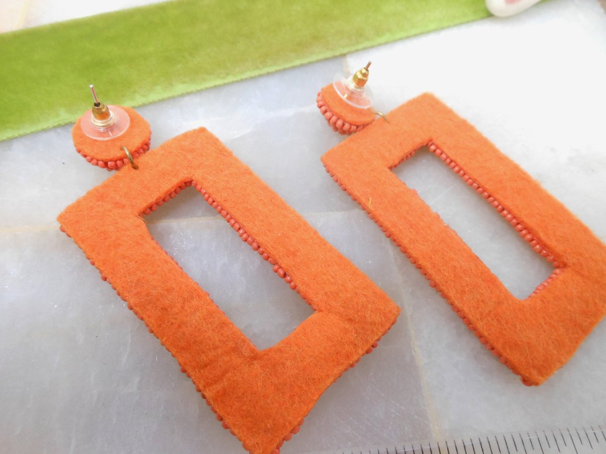 Vintage Glass Seed Bead Earrings Pierced Ear Dangle Drop Orange Gold White Mod Swingy Huge Fun Jewelry Gift, VivianJoel.com