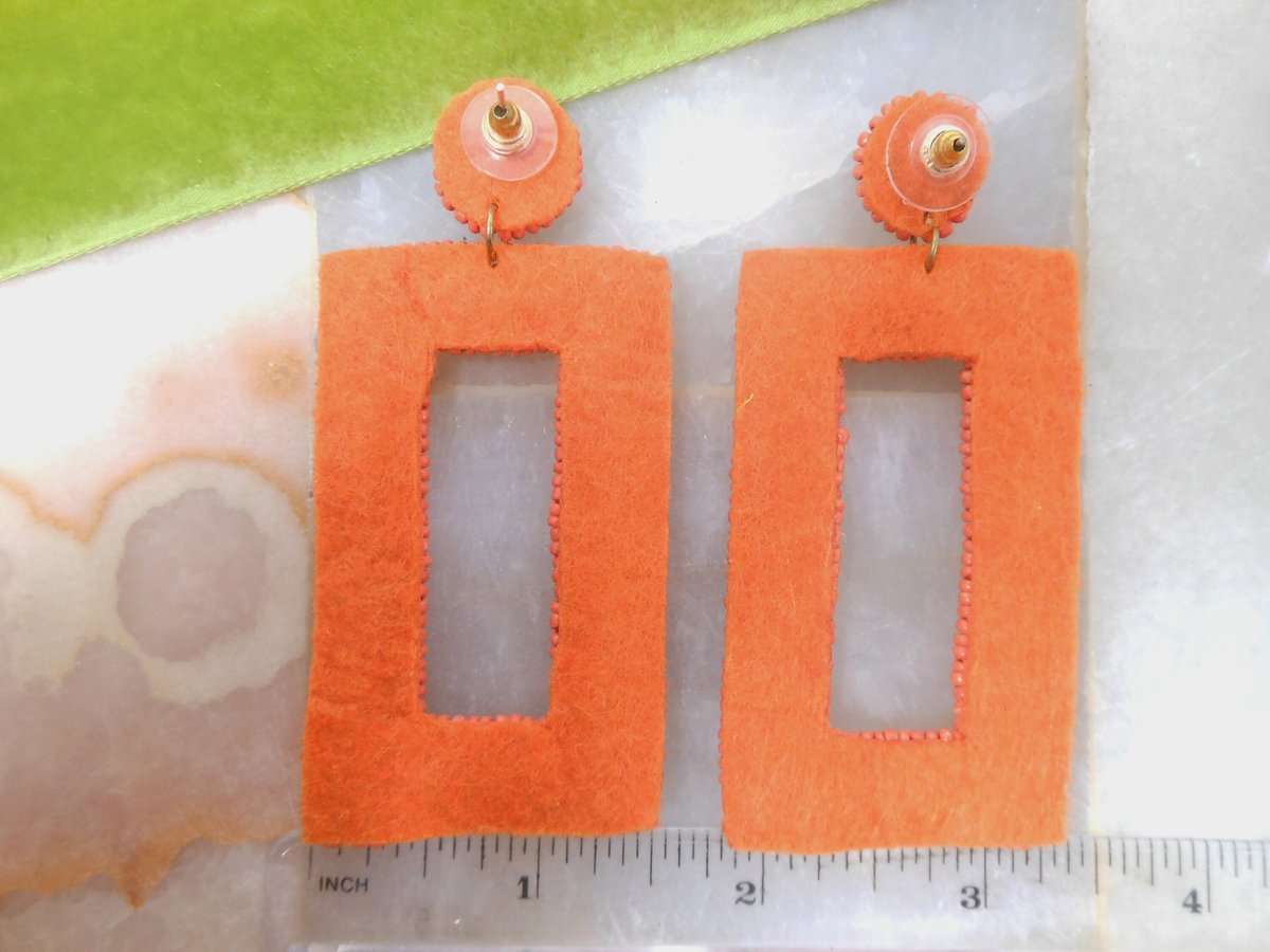 Vintage Glass Seed Bead Earrings Pierced Ear Dangle Drop Orange Gold White Mod Swingy Huge Fun Jewelry Gift, VivianJoel.com