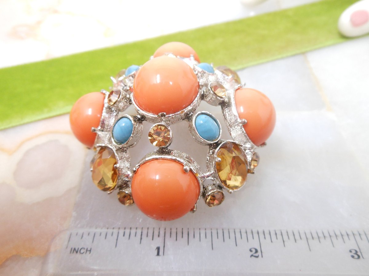 Vintage Huge 80s Pin Brooch Chunky Dome Melon Orange Blue Citrine Massive Runway Statement Century Jewelry Gift,  VivianJoel.com