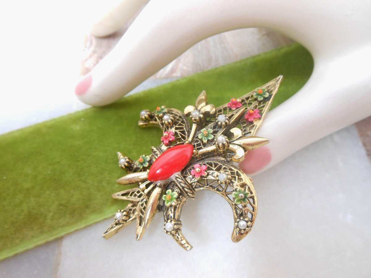 Vintage ART Designer Signed Brooch Fleur De Lis Pin Enamel Flower Faux Pearl Regency Revival Jewelry Mid Century Gift, VivianJoel.com