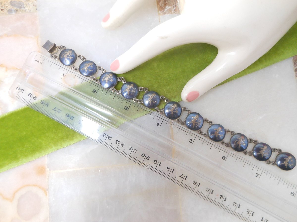 Vintage STERLING SILVER Siam Bracelet Niello Goddess Dancer Enamel 925 Mid Century Jewelry Gift, VivianJoel.com