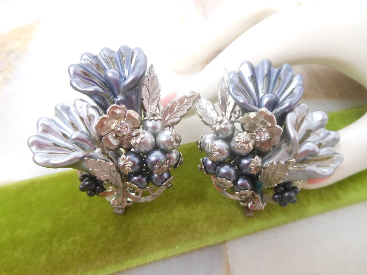 Vintage BEAU JEWELS Earrings Flower Jumbo Clip On Bead Cluster Rhinestone Crystal Silver Gray Designer Jewelry Mid Century, VivianJoel.com
