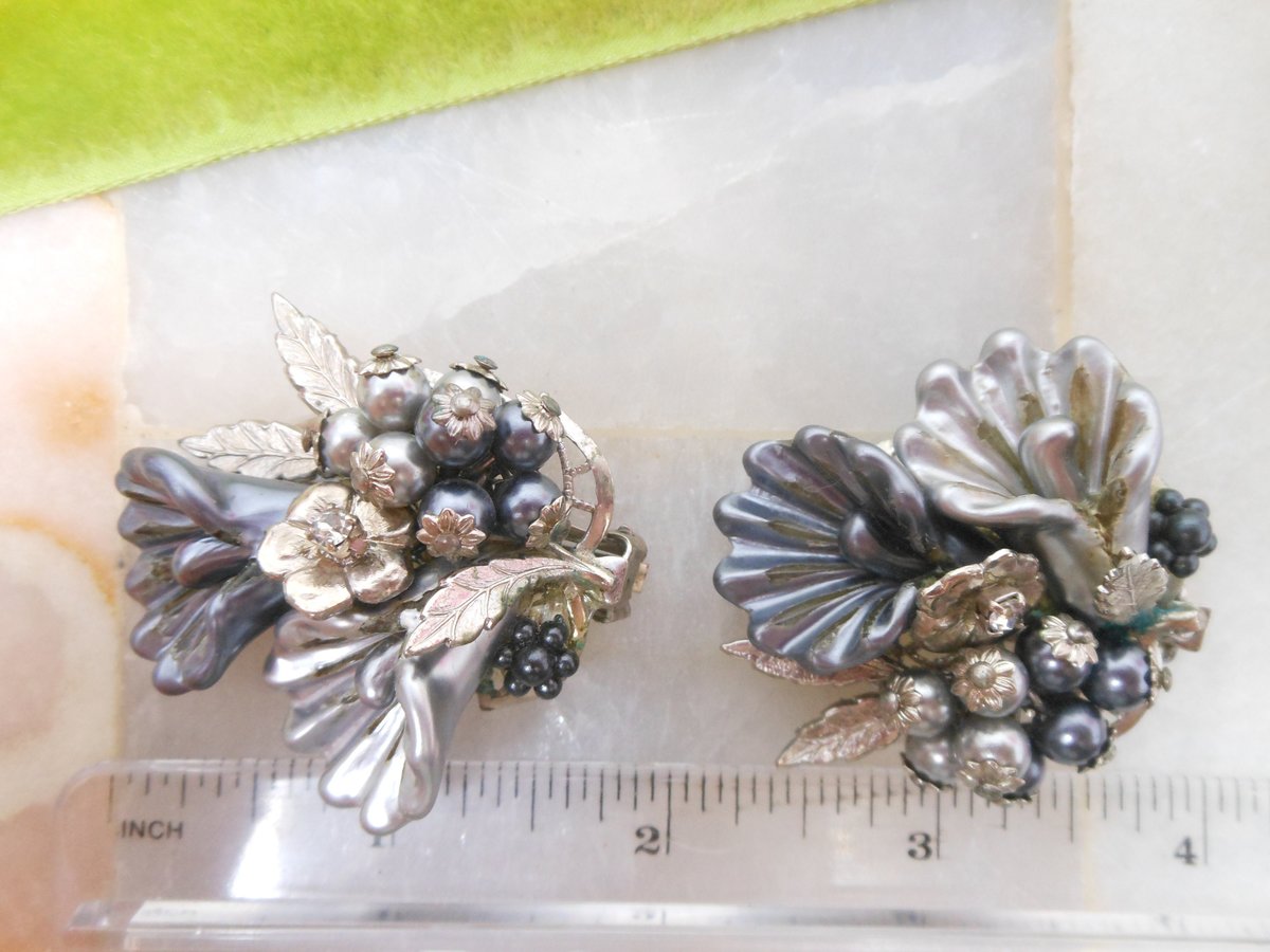 Vintage BEAU JEWELS Earrings Flower Jumbo Clip On Bead Cluster Rhinestone Crystal Silver Gray Designer Jewelry Mid Century, VivianJoel.com