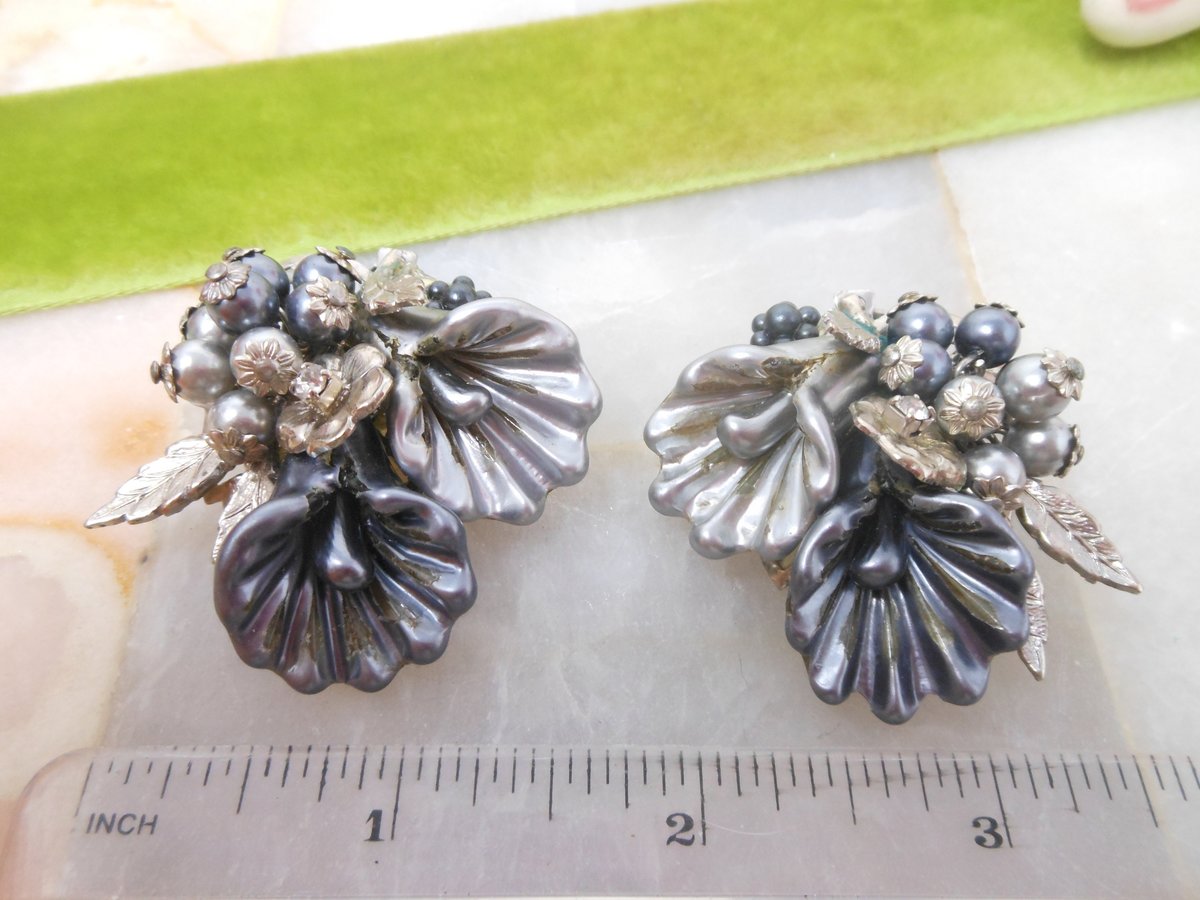 Vintage BEAU JEWELS Earrings Flower Jumbo Clip On Bead Cluster Rhinestone Crystal Silver Gray Designer Jewelry Mid Century, VivianJoel.com