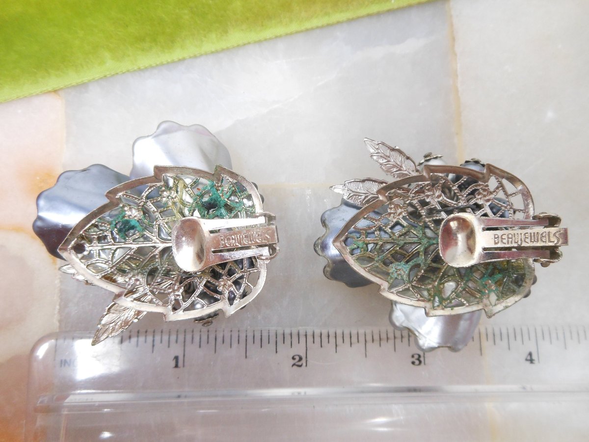 Vintage BEAU JEWELS Earrings Flower Jumbo Clip On Bead Cluster Rhinestone Crystal Silver Gray Designer Jewelry Mid Century, VivianJoel.com