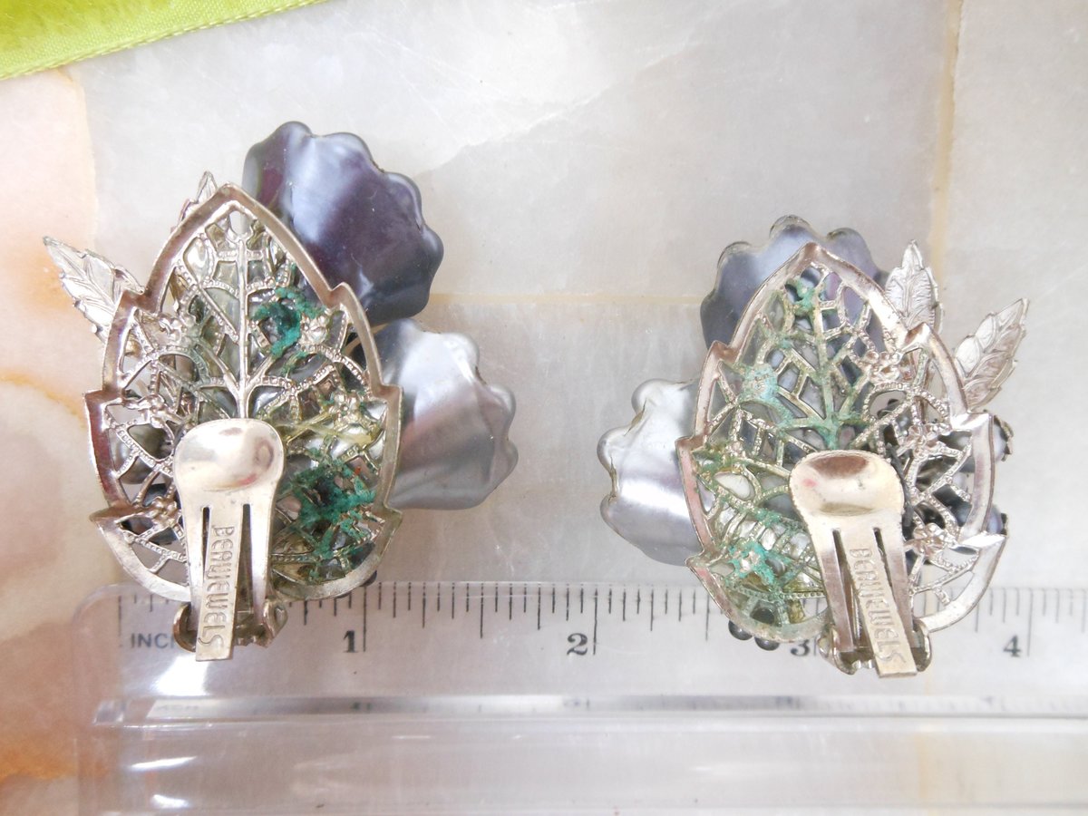 Vintage BEAU JEWELS Earrings Flower Jumbo Clip On Bead Cluster Rhinestone Crystal Silver Gray Designer Jewelry Mid Century, VivianJoel.com
