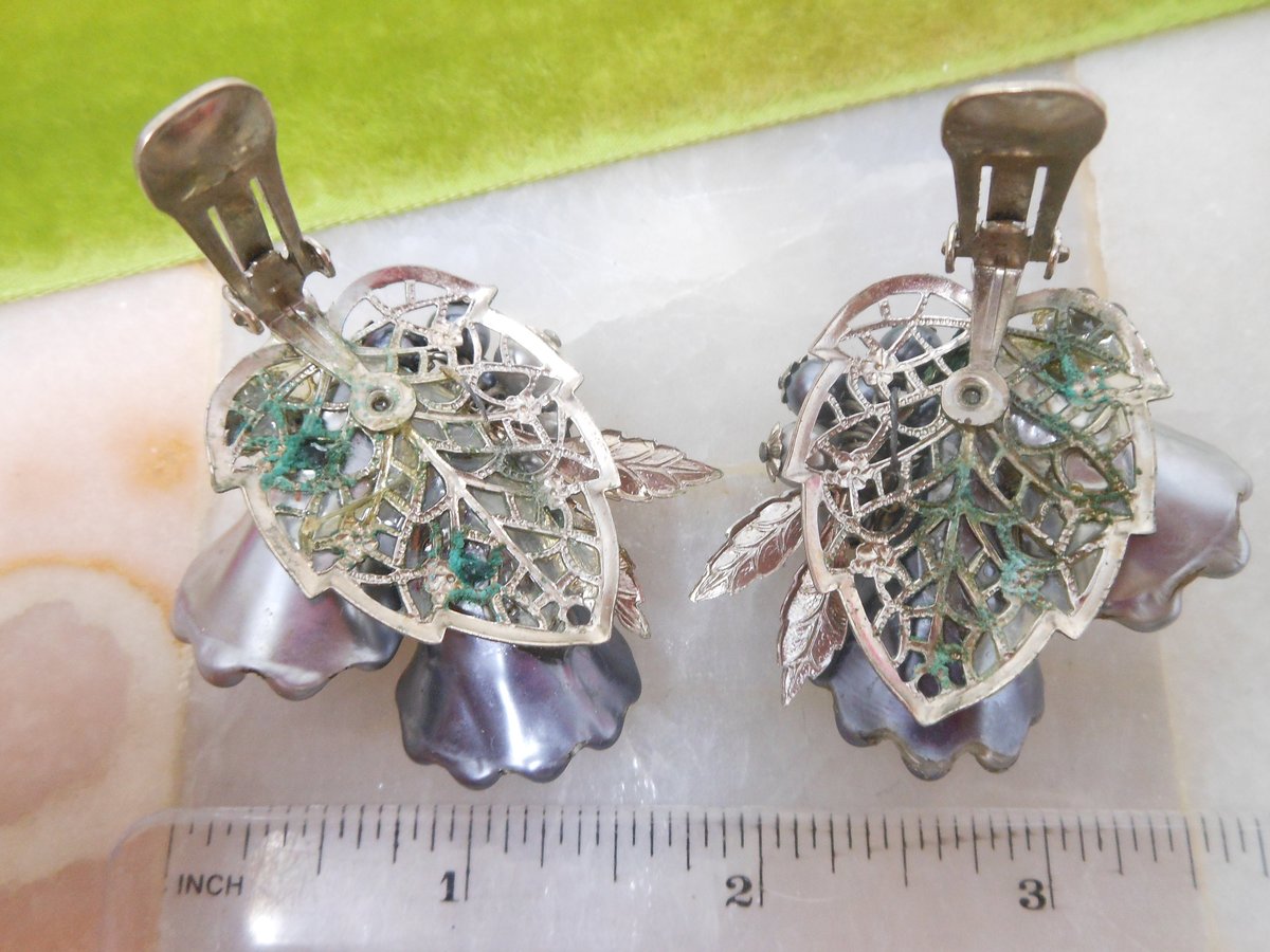Vintage BEAU JEWELS Earrings Flower Jumbo Clip On Bead Cluster Rhinestone Crystal Silver Gray Designer Jewelry Mid Century, VivianJoel.com