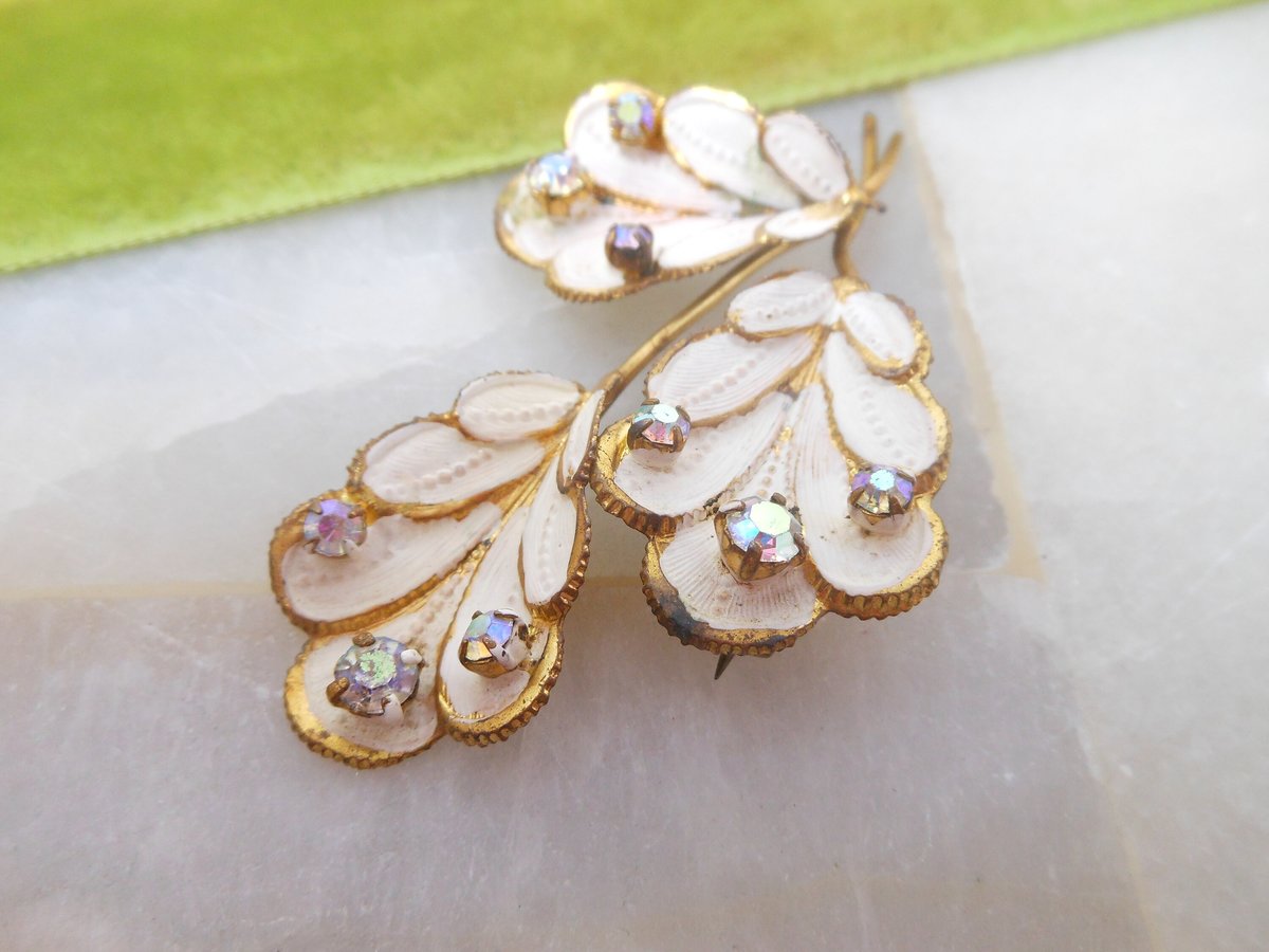 Vintage AUSTRIA Flower Brooch Leaf Pin Aurora Borealis Rhinestone Enamel Bouquet Mid Century Jewelry Gift, VivianJoel.com