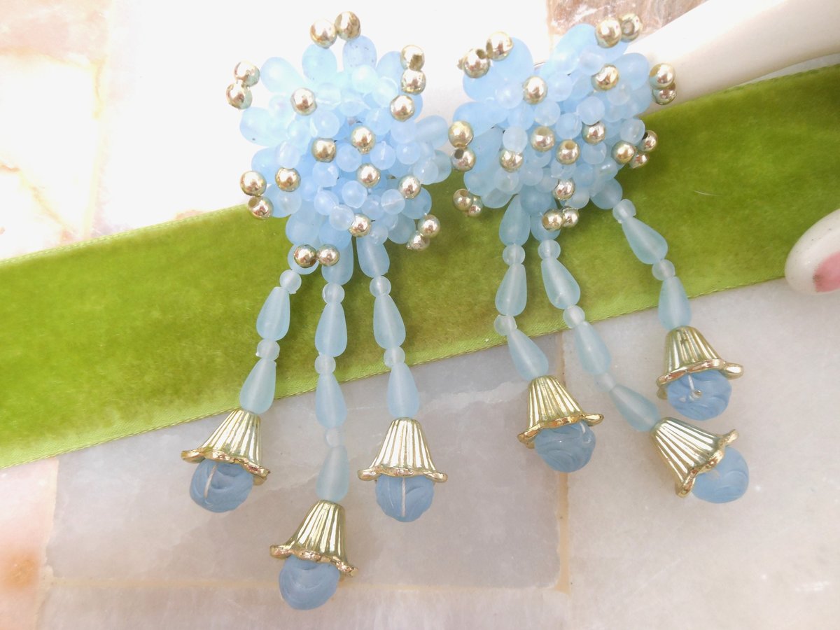 Vintage Huge Blue Earrings Dangle Drop Plastic Bead Shoulder Duster Jumbo 80s Jewelry Gift Mid Century, VivianJoel.com