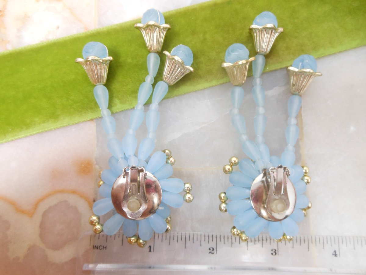 Vintage Huge Blue Earrings Dangle Drop Plastic Bead Shoulder Duster Jumbo 80s Jewelry Gift Mid Century, VivianJoel.com