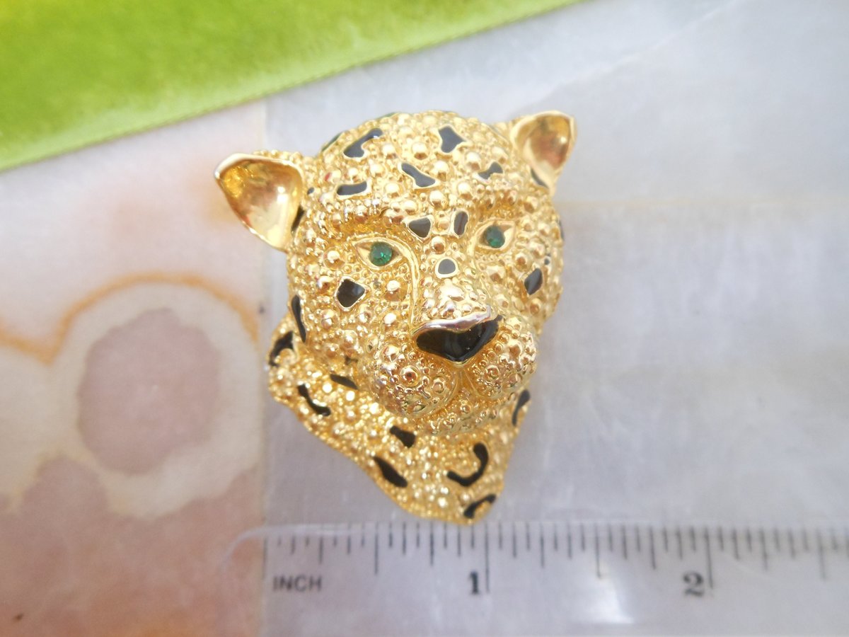 Vintage Leopard Tiger Cat Pin Brooch Rhinestone Green Enamel Figural Mid Century Jewelry, VivianJoel.com