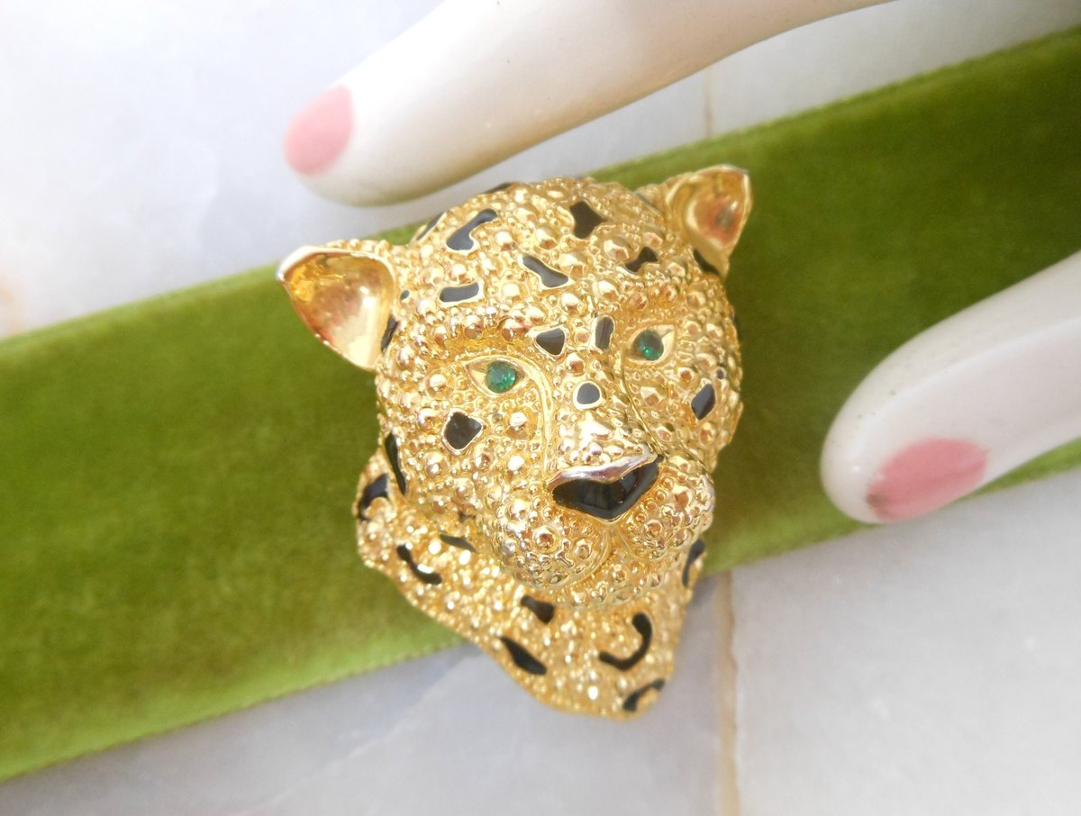Vintage Leopard Tiger Cat Pin Brooch Rhinestone Green Enamel Figural Mid Century Jewelry, VivianJoel.com