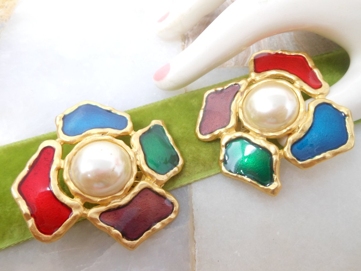 Vintage Huge Chunky Earrings Clip On Jumbo Flower Faux Pearl 80s Statement Jewelry Gift, VivianJoel.com