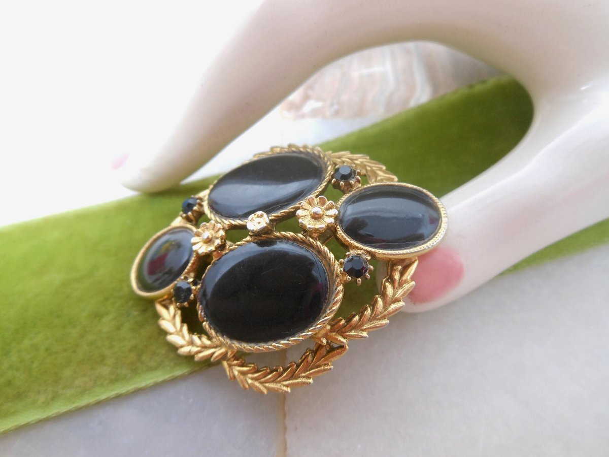 Vintage Victorian Revival Mourning Brooch Black Gold Plate Pin Jewelry Gift Mid Century, VivianJoel.com