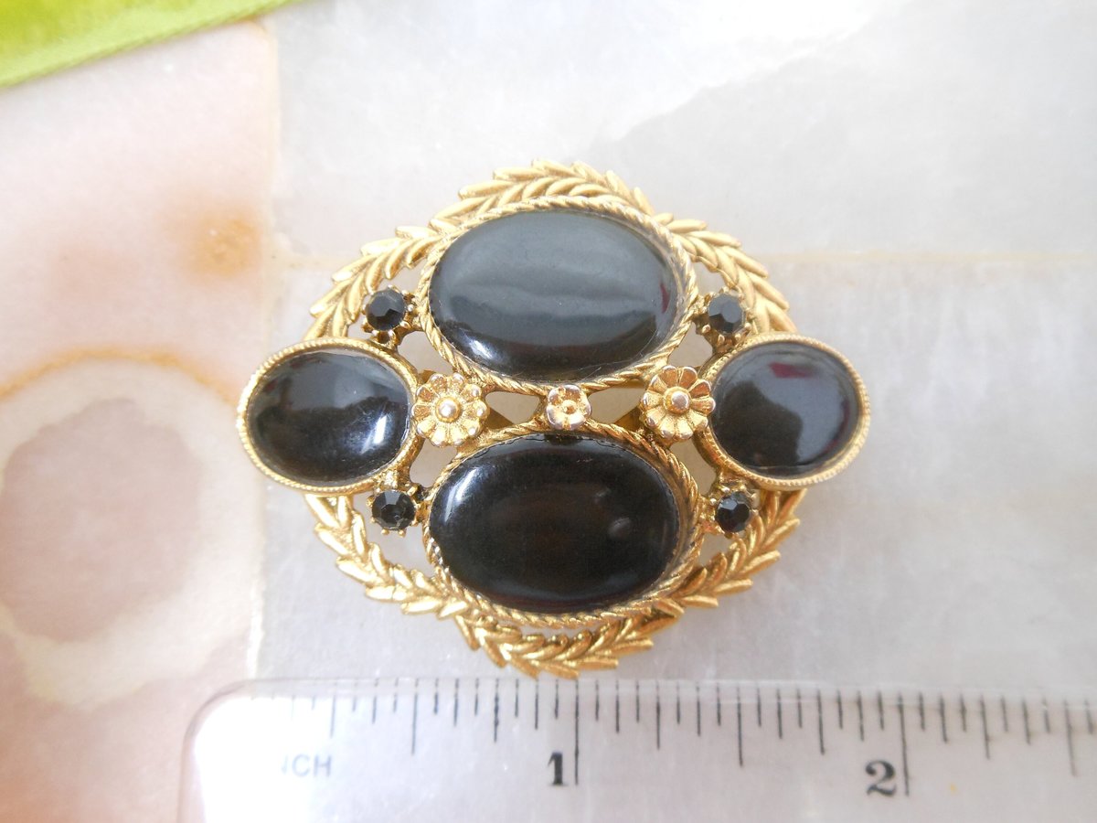 Vintage Victorian Revival Mourning Brooch Black Gold Plate Pin Jewelry Gift Mid Century, VivianJoel.com