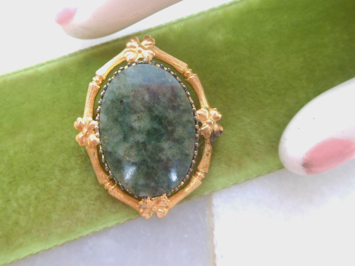 Vintage REIS Gold Fill Jade Brooch Designer Pin Pendant Green Bamboo Flower GF Ornate Asian Revival Mid Century Jewelry Gift, VivianJoel.com