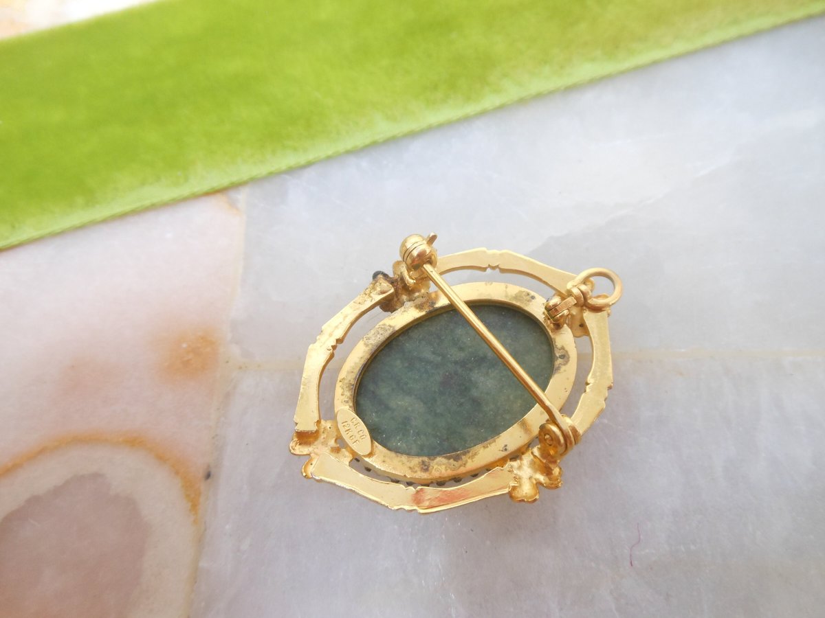 Vintage REIS Gold Fill Jade Brooch Designer Pin Pendant Green Bamboo Flower GF Ornate Asian Revival Mid Century Jewelry Gift, VivianJoel.com