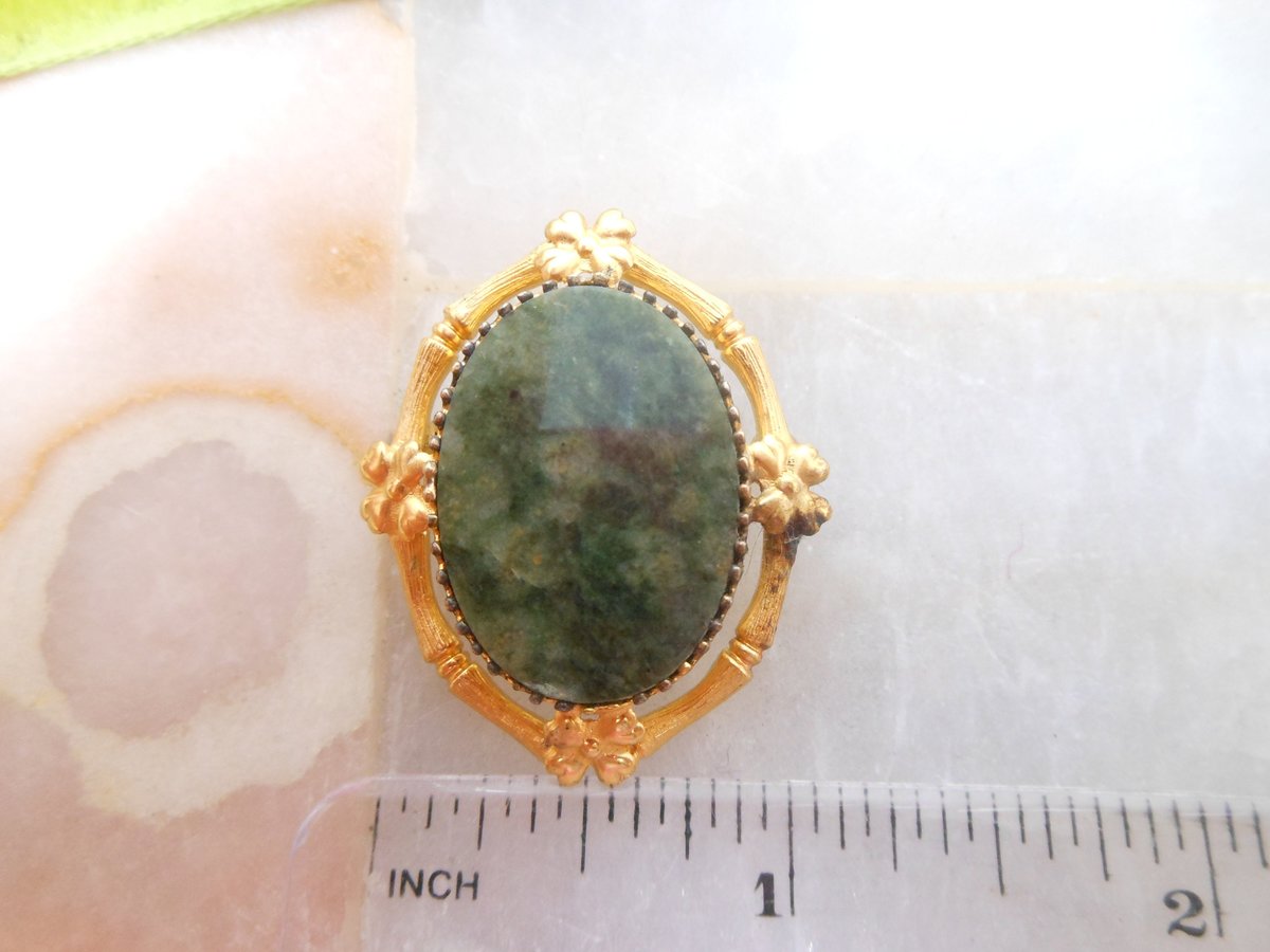 Vintage REIS Gold Fill Jade Brooch Designer Pin Pendant Green Bamboo Flower GF Ornate Asian Revival Mid Century Jewelry Gift, VivianJoel.com