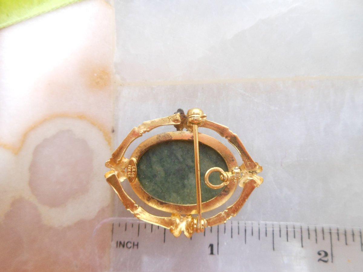 Vintage REIS Gold Fill Jade Brooch Designer Pin Pendant Green Bamboo Flower GF Ornate Asian Revival Mid Century Jewelry Gift, VivianJoel.com