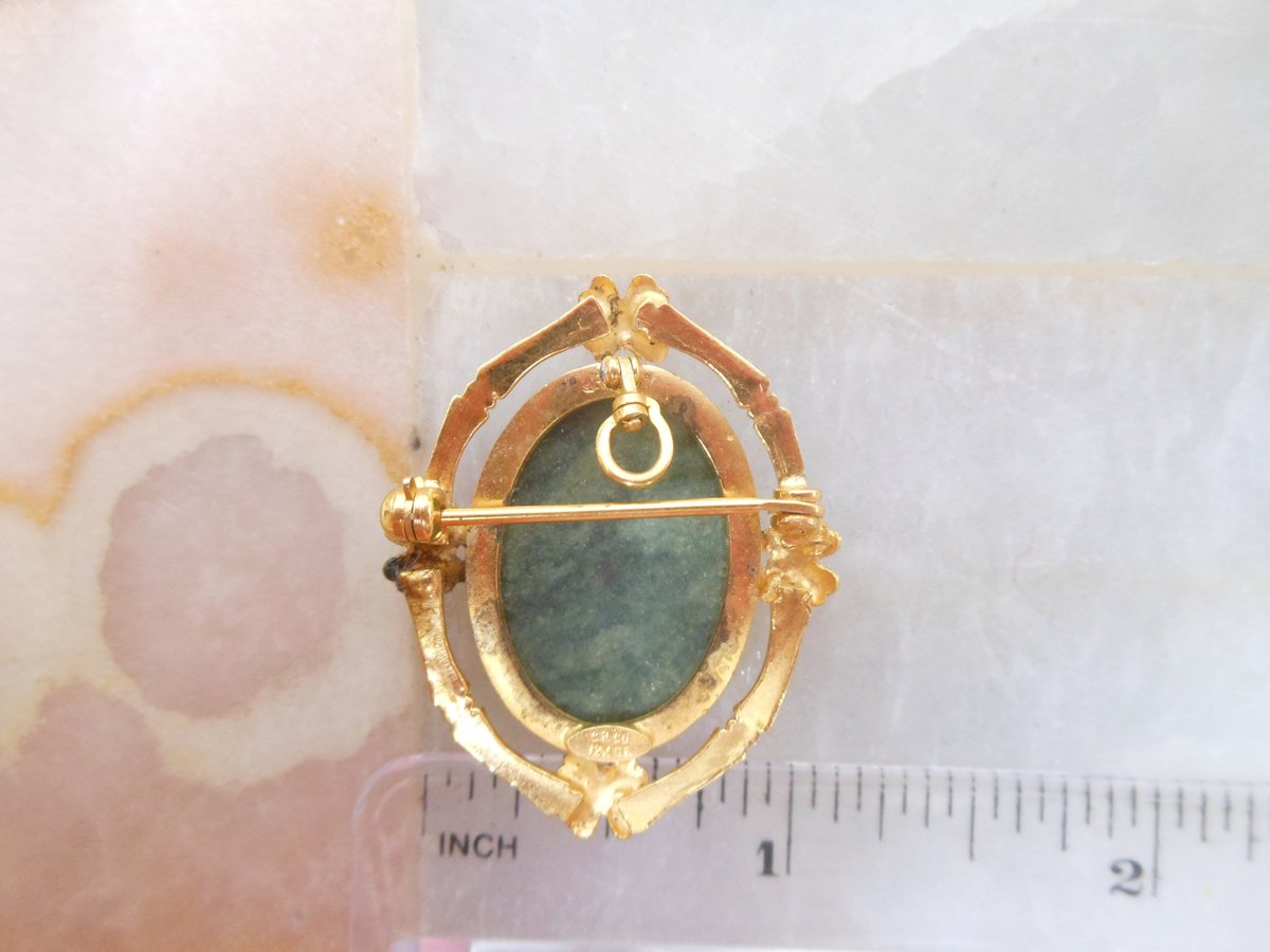 Vintage REIS Gold Fill Jade Brooch Designer Pin Pendant Green Bamboo Flower GF Ornate Asian Revival Mid Century Jewelry Gift, VivianJoel.com