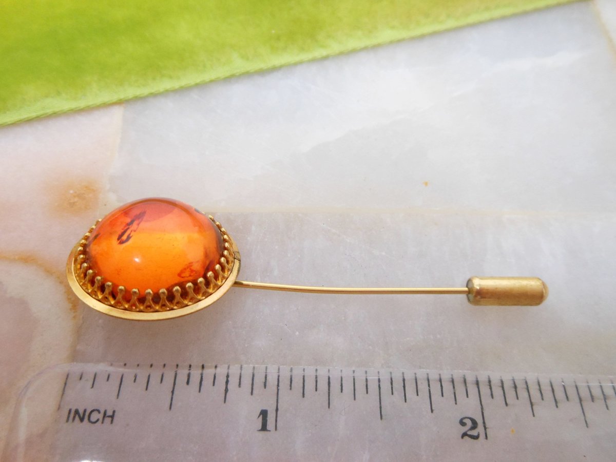 Vintage GOLD FILL Stick Pin Brooch Domed Golden Honey Brown Tree Resin Lapel Mid Century Jewelry Gift, VivianJoel.com