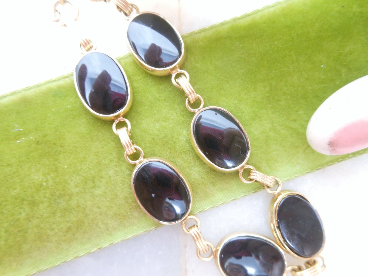 Vintage Black Glass GOLD FILL Bracelet 12K GF Chain Mourning Jewelry Gift Mid Century, VivianJoel.com
