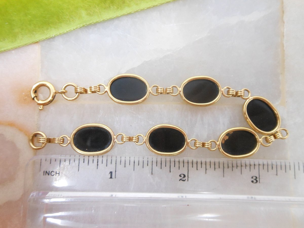 Vintage Black Glass GOLD FILL Bracelet 12K GF Chain Mourning Jewelry Gift Mid Century, VivianJoel.com